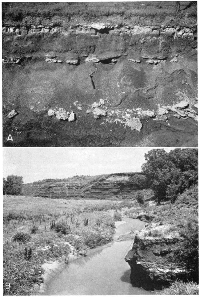 two black and white photos; outcrop is 8-10 feet thick, bright blocky beds between dark gray softer usits; view of small stream flowing past steep hill.