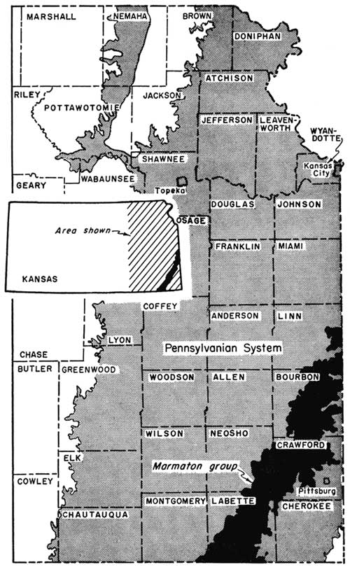 Marmatonoutcrops in far SE Montgomery, Labette, far NW Cherokee, Neosho, Crawford, Bourbon, and Linn counties.