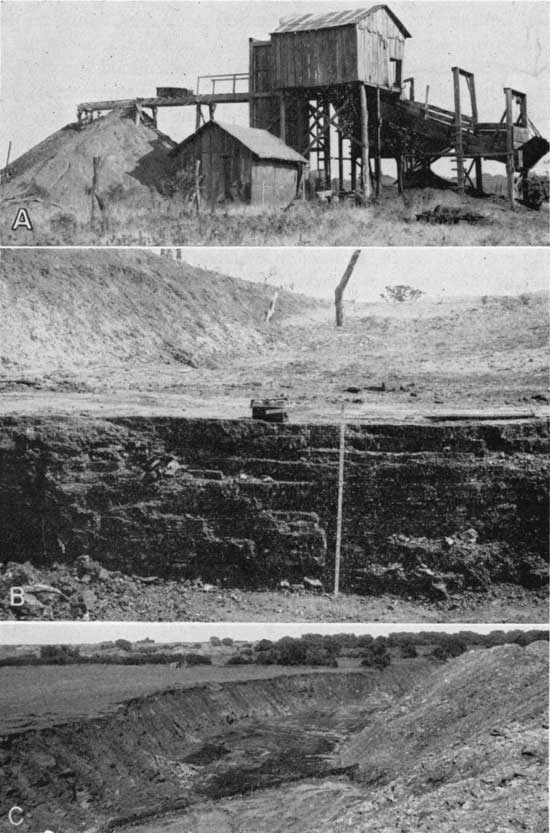 Three black and white photos of mine works; top is of shed on stilts above shaft, tailings pile to left; middle is of cliff face at strip mine; bottom of of large trench revealing coal, tailings to right and unmined land to left.