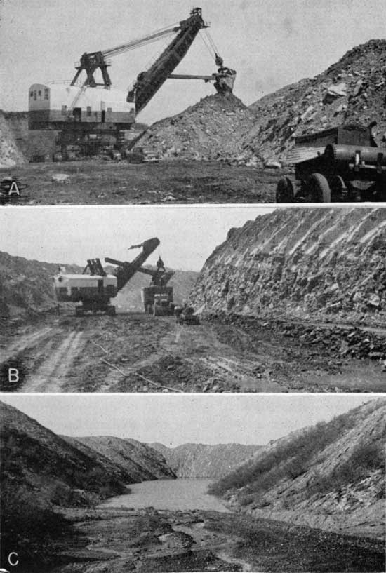 Three black and white photos of strip mine operations.
