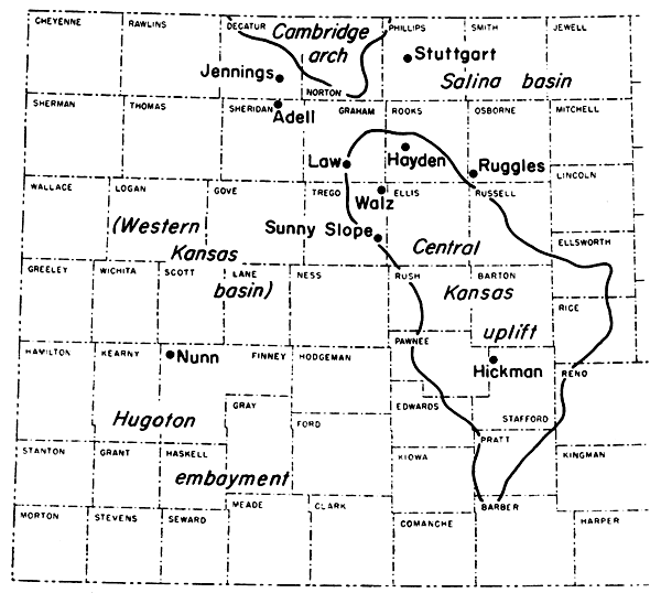 Fields in study mostly in Central Kansas uplift and north to Cambridge arch.