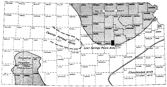 Study area at south end of North Kansas basin, NW of Chautauqua arch (in Paleozoic).