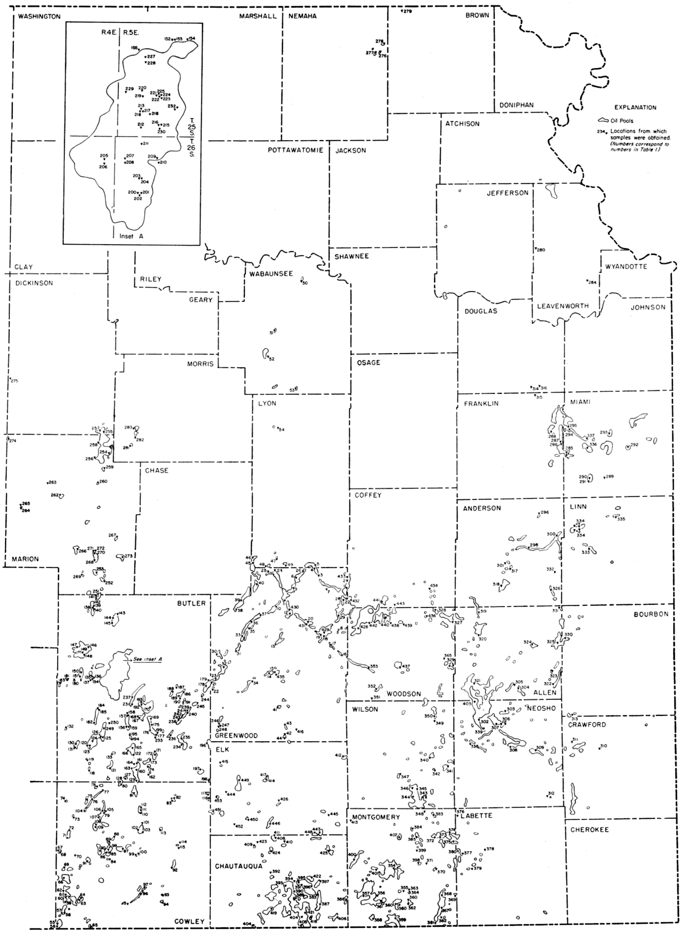 Samples primarily from southeast Kansas, but there are also samples from Miami, Franklin, Morris, and as far north as Nemaha and Brown.