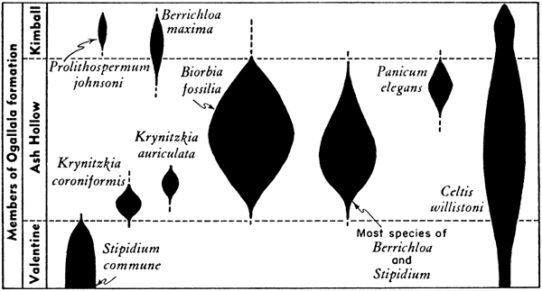 Drawing shows number and types of fossils found in Valentine, Ash Hollow, and Kimball members.