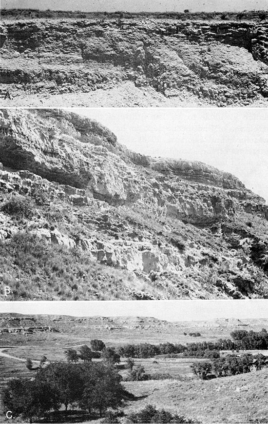 Three black and white photos, two closeups of Ogallala outcrops and one of Ladder Creek valley with outcrop in background.