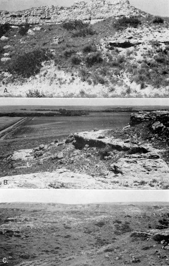 Three black and white photos; top is of steep cliff above more gentle, grassy slope; middle is view from top of outcrop looking down on valley; bottom is of scattered outcrops in grassy low hills.