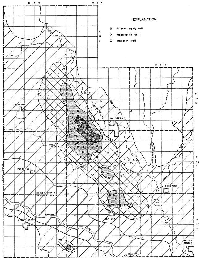 Depth to water in well-field area, January 1, 1955.