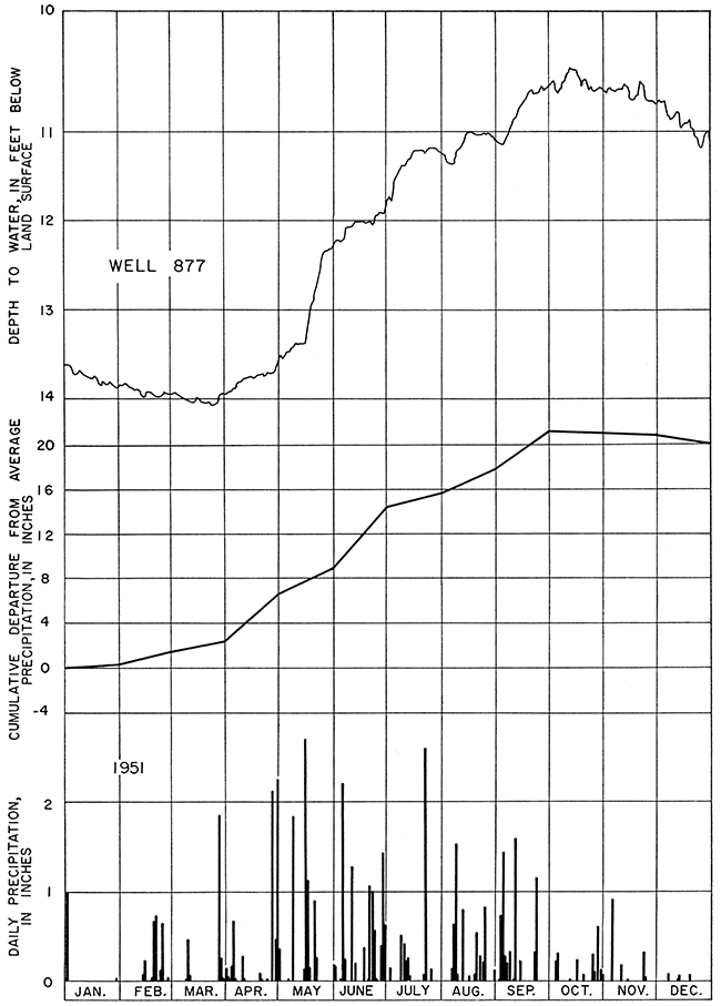 Hydrograph of well 877, daily precipitation at Wichita, and cumulative departure from average precipitation, 1951.