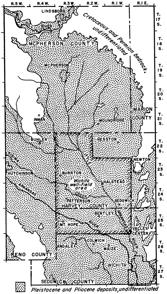 Map of parts of McPherson, Harvey, Sedgwick, Reno, and Marion counties showing area of Pleistocene and Pliocene deposits and Wichita well-field area.