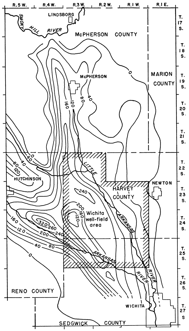 Map showing saturated thickness of Pliocene and Pleistocene deposits in Equus beds area.