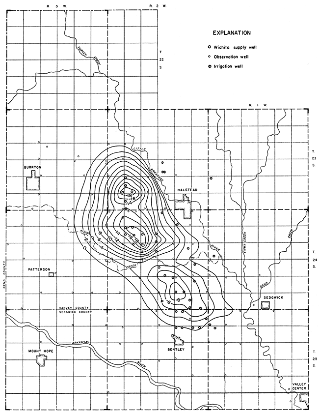 Map of well field showing lines of equal change in water level from August 30, 1940 to January 1, 1948.