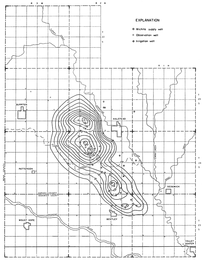 Map of well field showing lines of equal change in water level from August 30, 1940, to January 1, 1952.