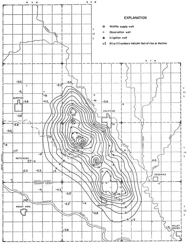Map of well field showing lines of equal change in water level from August 30, 1940, to January 1, 1955.
