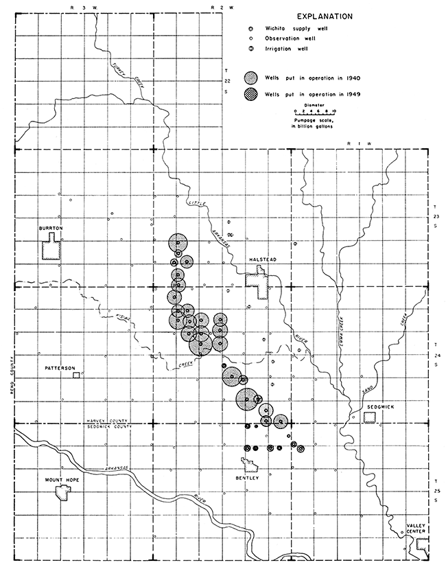 Water pumped from each well in well field by city of Wichita, 1940-54.