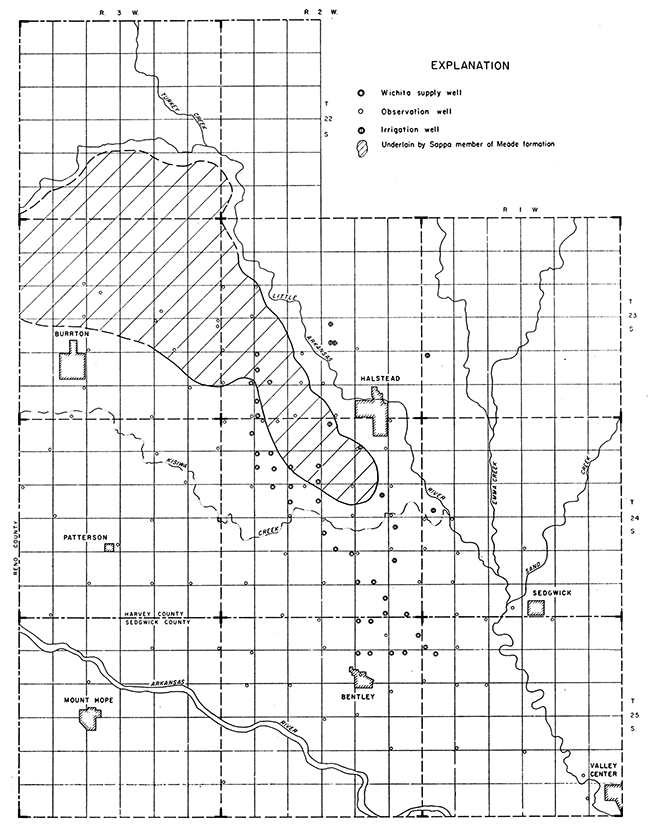 Map of well field showing area underlain by Sappa member of Meade formation.