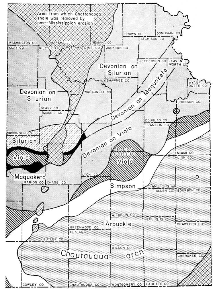 Black and white geologic map of Eastern Kansas; Arbuckle in SE; Devonian to NW of that with bands of Simpson and Viola between