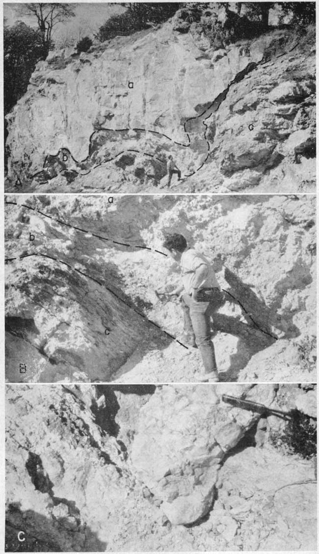 Three black and white photos; deposit of St. Peter is 4-5 time as tall as geologist standing next to outcrop.