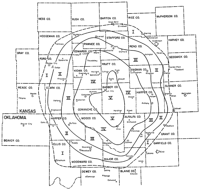 Area affected by earthquake of January B, 1956, in south-central Kansas and NW Oklahoma.