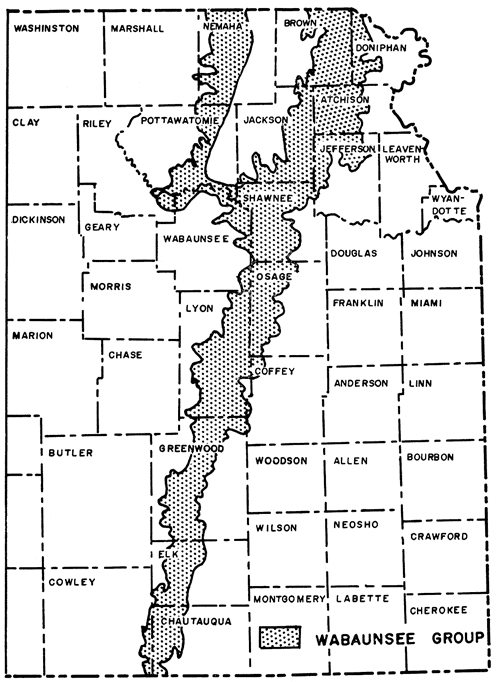 Wabaunsee crops out in north-south band from Chautauqua and Cowley in south to Nemaha, Brown, and Doniphan in the north.