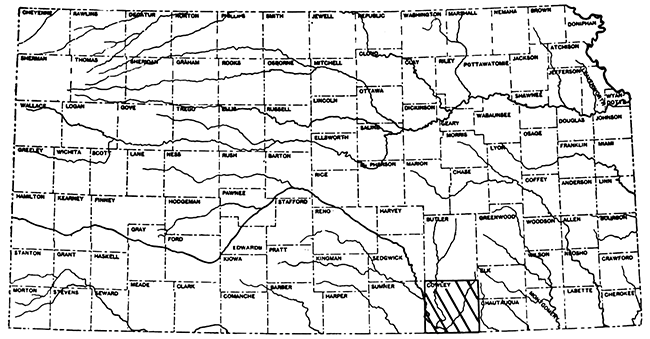 Map of Kansas; Cowley County is along southern border in east-central; west of Chautauqua, east of Sumner, and south of Butler.