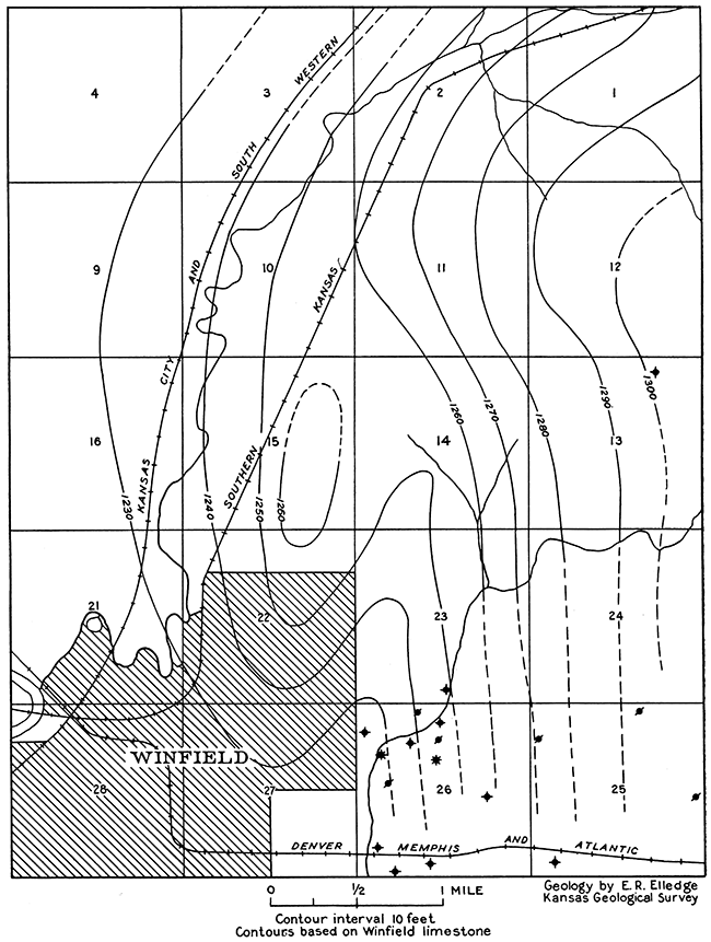 Structure contour map of the surface beds in the State School field.