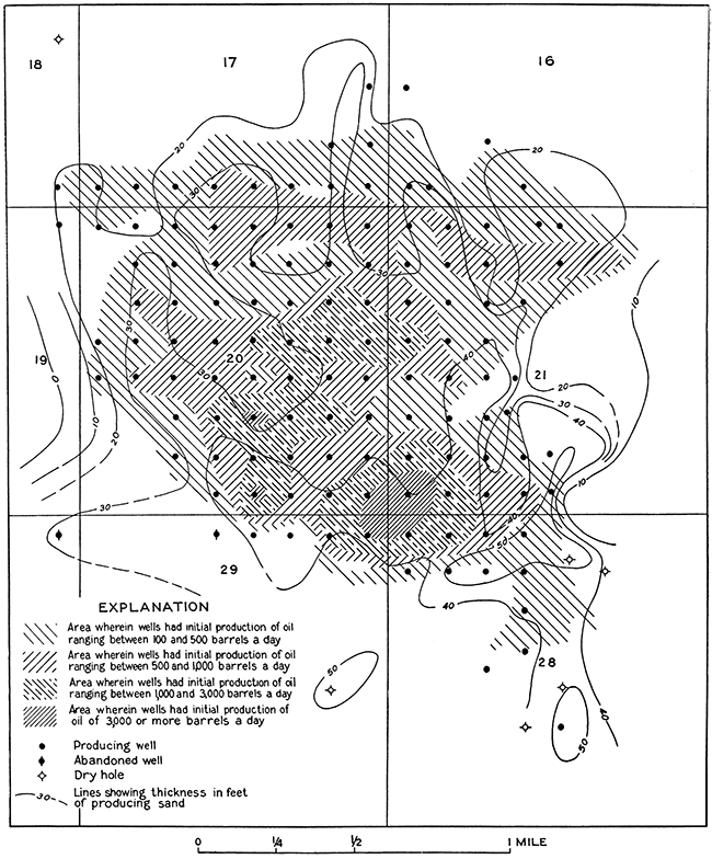 Relation between initial production and thickness of producing sand in the Rainbow Bend field.