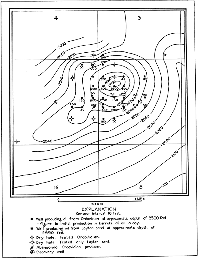 Contour map of the top of the Mississippi lime in the Graham field.