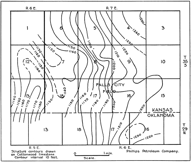 Map showing attitude of surface beds in Falls City field and vicinity.
