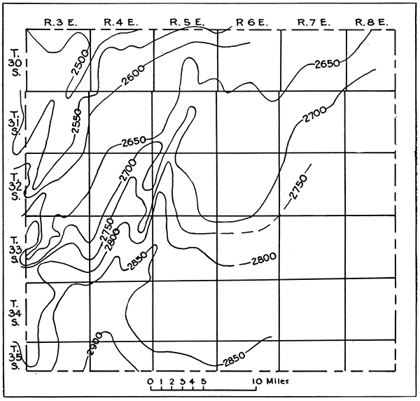 Map of Cowley County. The lines show thickness of the Pennsylvanian rocks.