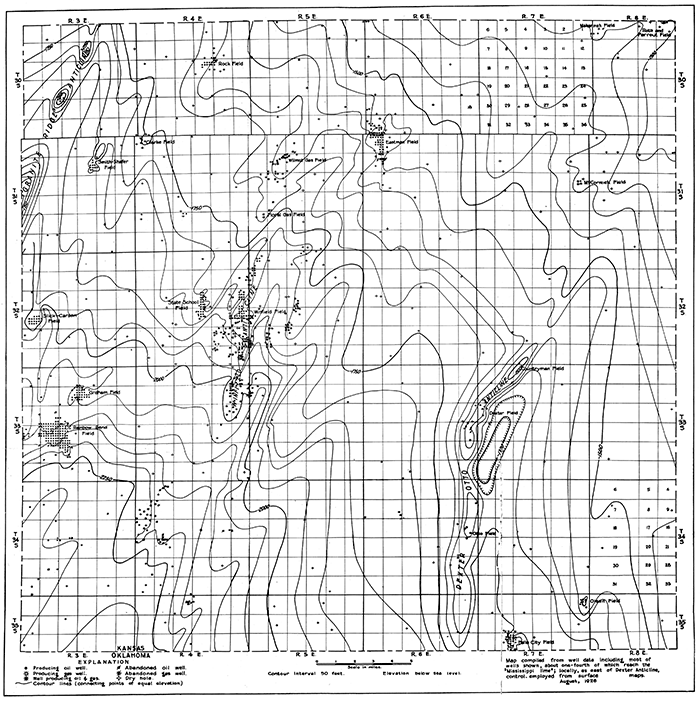 Contour map of the upper surface of the Mississippi lime.