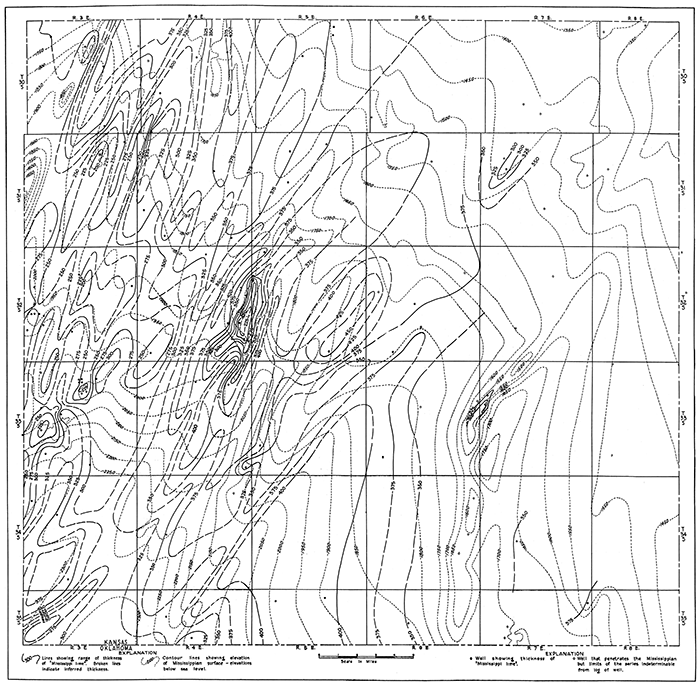 Sketch map showing thickness of the Mississippi lime.