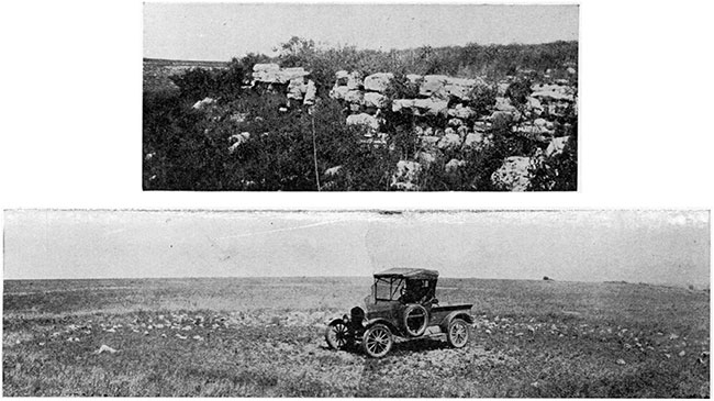 Two black and white photos; top is of Foraker limestone; bottom is of upland floored by Fort Riley limestone.