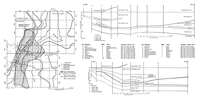 Areal distribution and cross sections of Chattanooga limestone lentil.