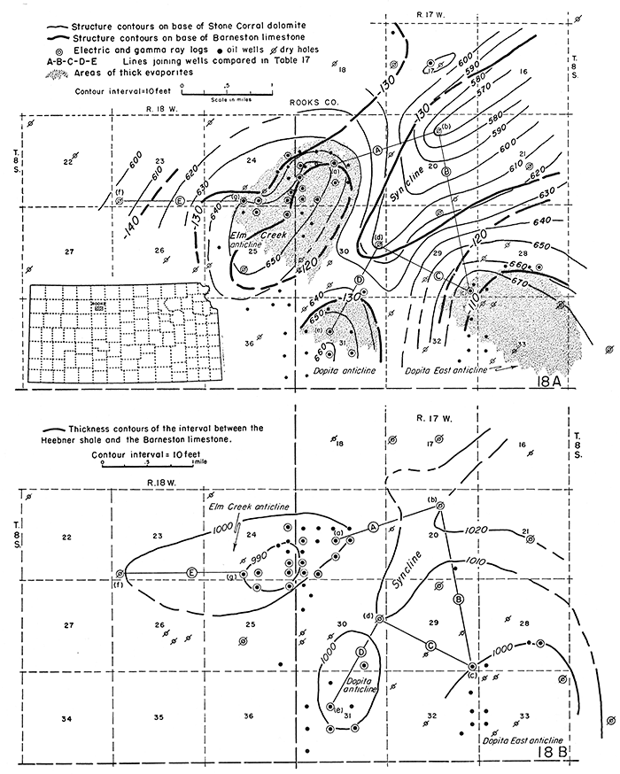 Maps of parts of T. S S., R. 17 and 18 W., Rooks County, showing structure.