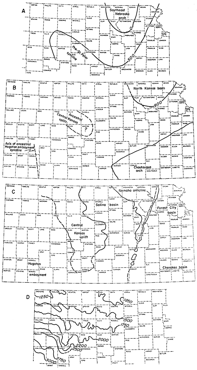 Four maps of Kansas showing principal structural features.