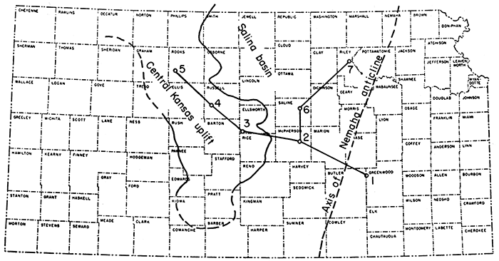 Map showing location of wells referred to in Table 19 and their relation to Pennsylvanian structural features.