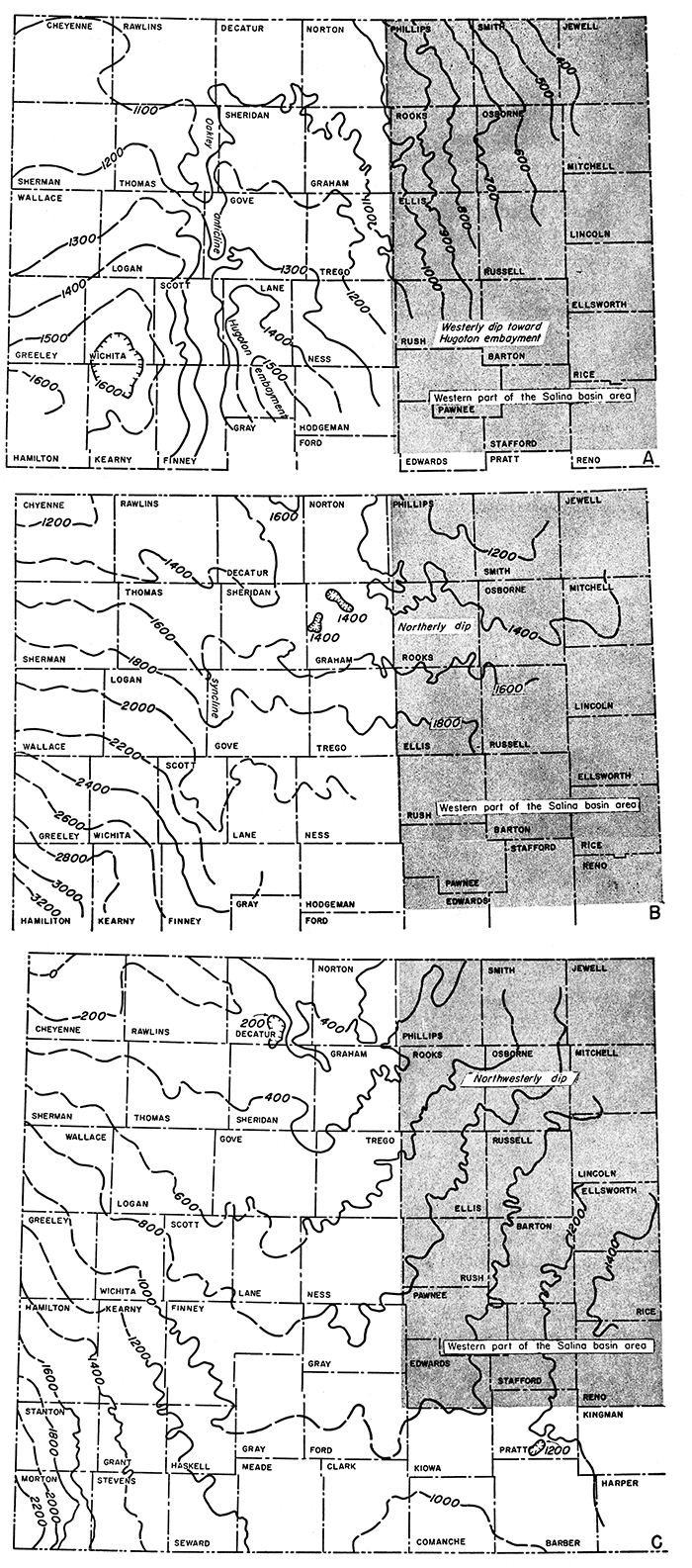 Generalized structure maps of western Kansas showing late regional deformation of western Kansas.