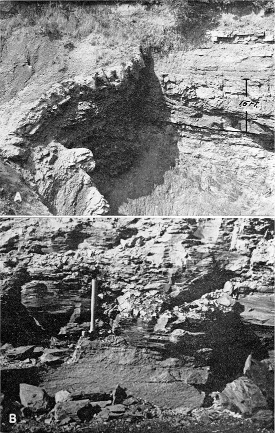 Two black and white photos; top shows Riverton and Warner fm; bottom shows limestone above Rowe coal.