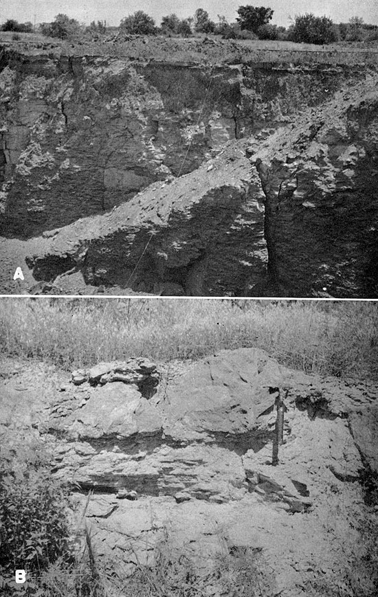 Two black and white photos; top shows a thick gray shale of Lagonda Fm; bottom shows Breezy Hill Ls.