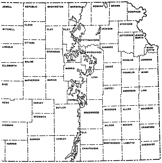 Map of eastern Kansas; outcrop is in mostly north-south line from Marshall to Cowley County; widens in Geary and Wabaunsee.