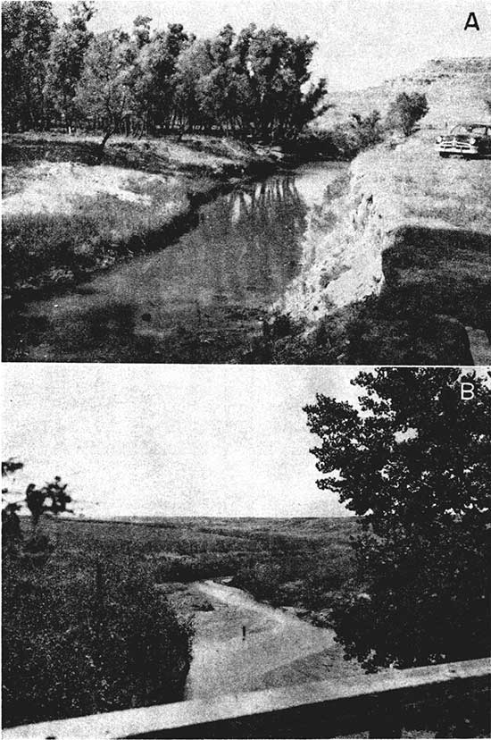 Two black and white photos; top photo shows water flowing in Ladder Creek, many trees in background, car on upper bank of creek; lower photo shows view of Ladder Creek from bridge, water flowing but creek not full.