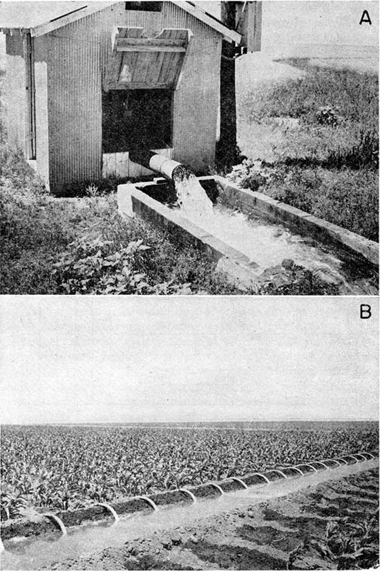 Two black and white photos; top shows well (inside small shed) releasing waater into trough; lower photo shows water being distributed into fields from channel.