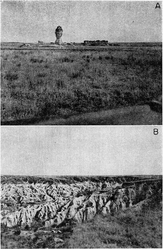 Two black and white photos; top photo shows tall column of chalk left behind from erosion of surrounding rock; lower photo shows highly eroded hillside of chalk.