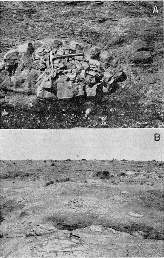 Two black and white photos; top photo shows concretion in Pierre shale, rock hammer for scale; lower photo shows concretions in landscape view.