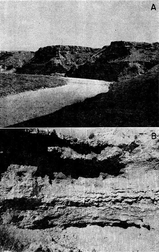 Two black and white photos; top photo shows steep bluffs along curve of Ladder Creek; lower photo shows closeup of Ogallala outcrop.
