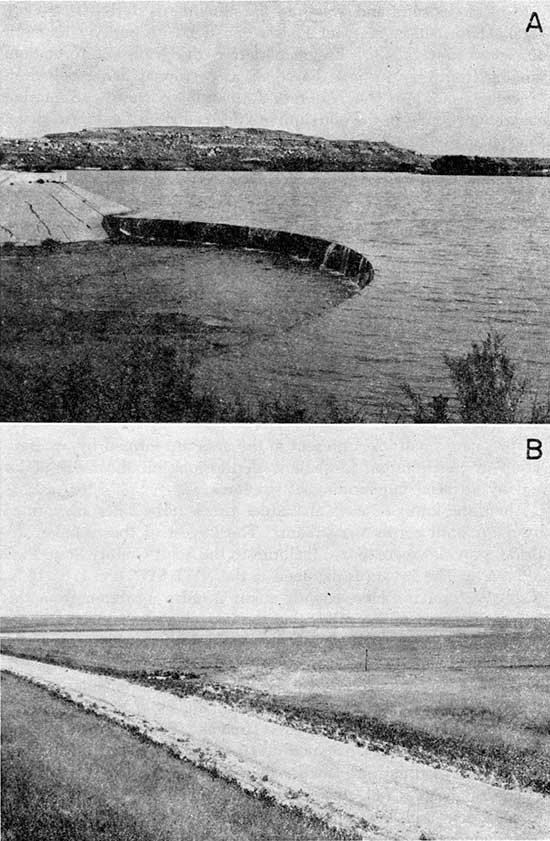 Two black and white photos; top photo shows water flowing over spillway at Scott County State Park; lower photo shows water-filled depression or playa.