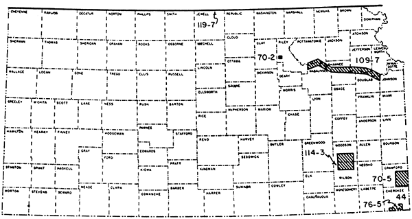 Map of Kansas showing areas (primarily in eastern Kansas) where the Survey has carried out geophysical surveys.