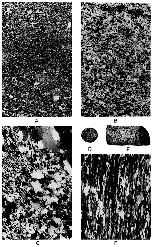 Black and white photos of schist and related rocks, in thin section and cores.