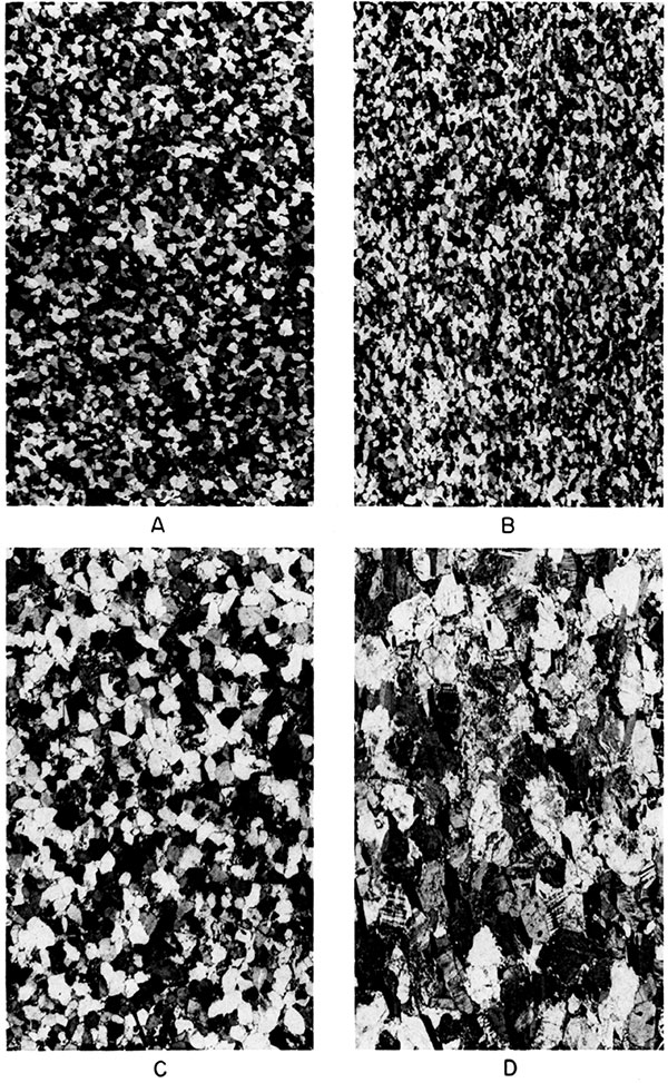 Black and white photos of quartz schist, quartzite, and earlier granitic gneiss, in thin section.