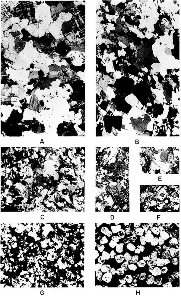 Black and white photos of granite and quartzite compared, in thin section and well cuttings.